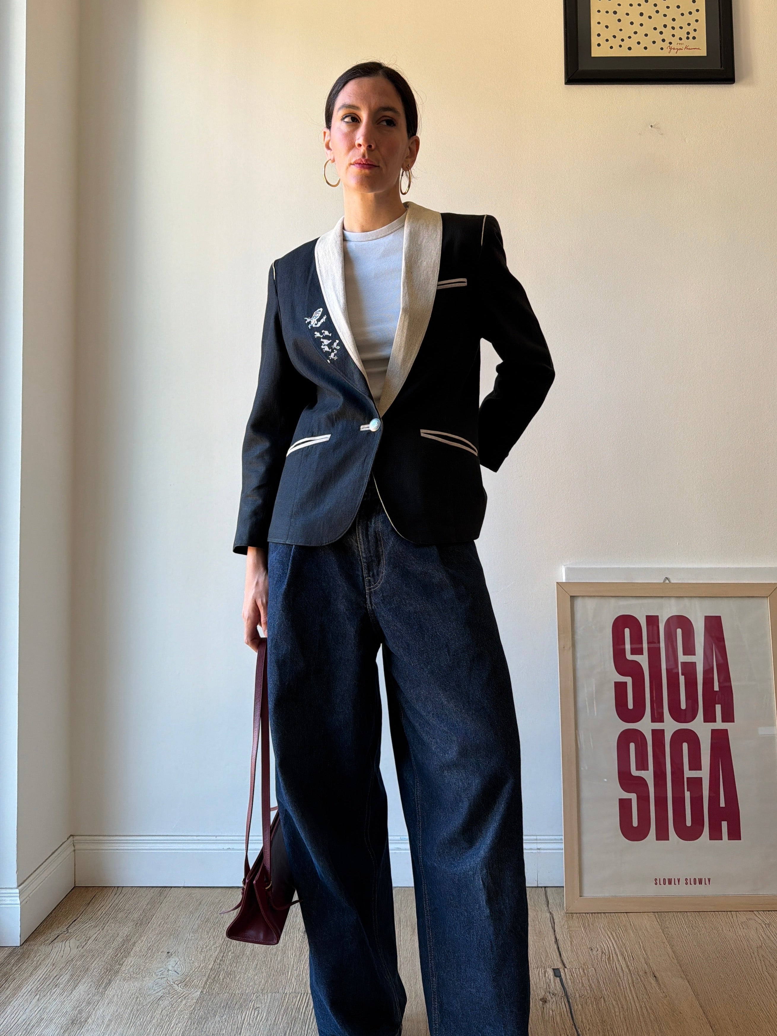 BLAZER BLU IN LINO RICAMATO