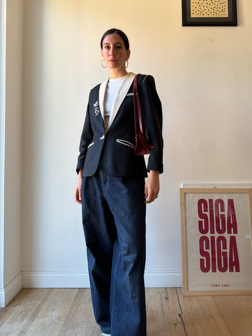 BLAZER BLU IN LINO RICAMATO