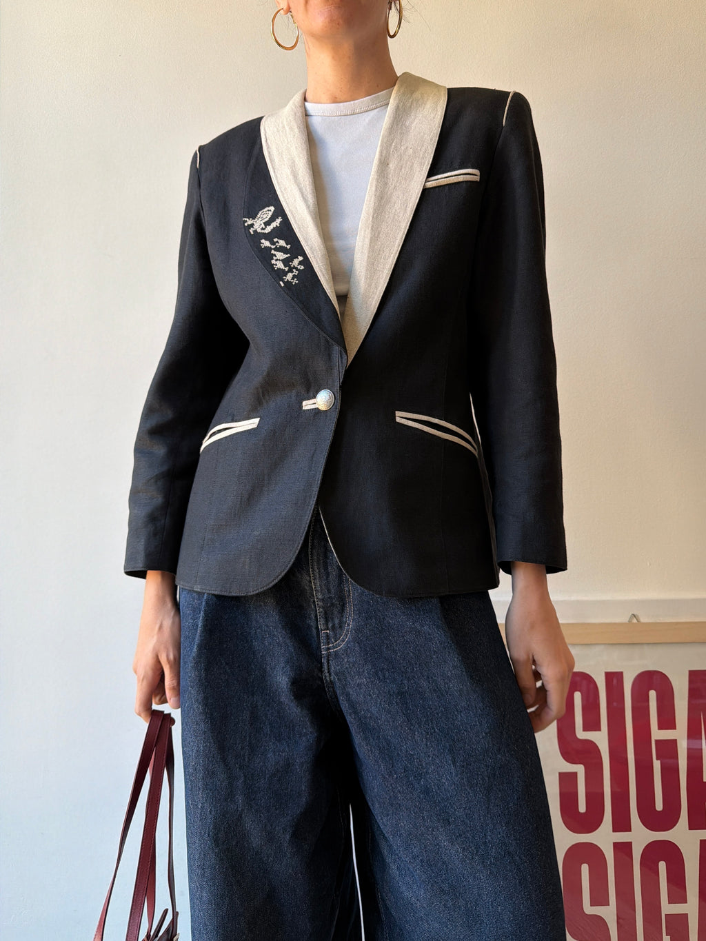 BLAZER BLU IN LINO RICAMATO