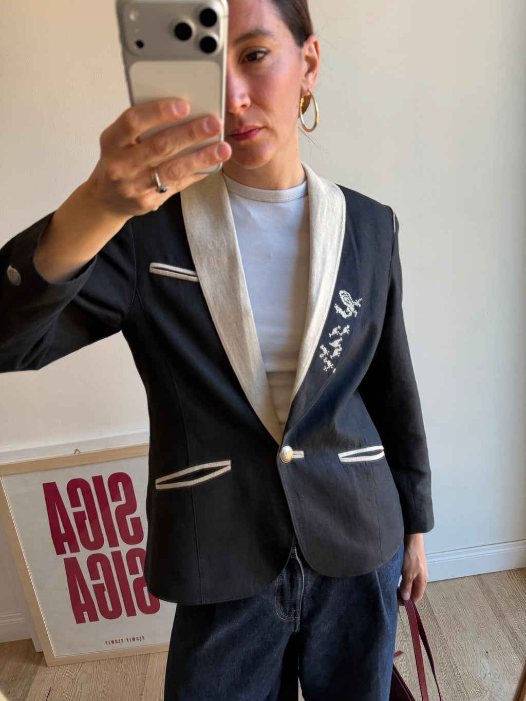 BLAZER BLU IN LINO RICAMATO