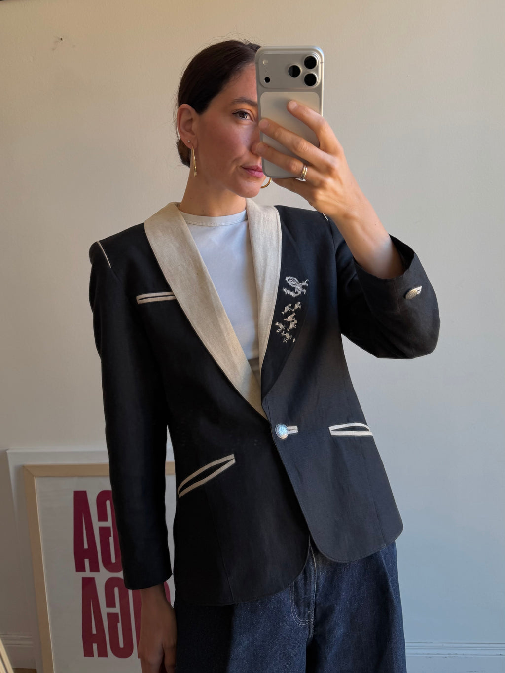 BLAZER BLU IN LINO RICAMATO